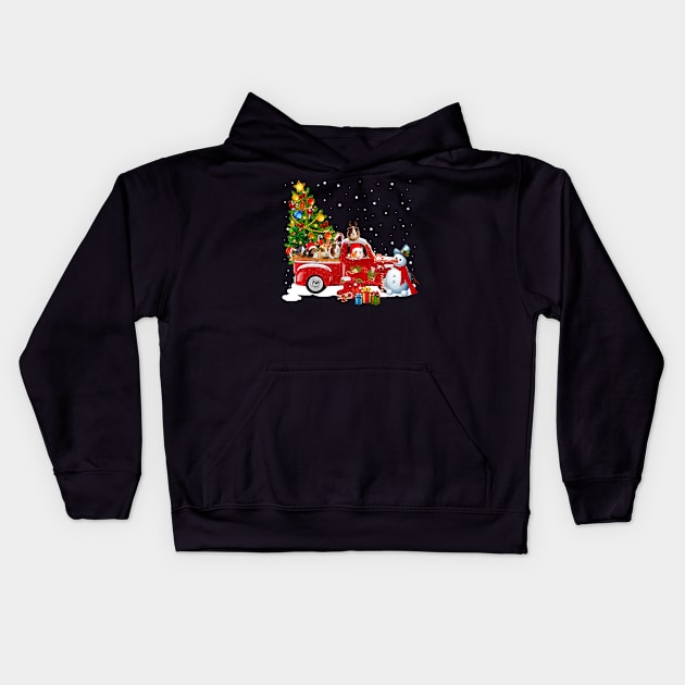 Red Truck Merry Christmas Tree Guines Dog Christmas T-Shirt Kids Hoodie by kimmygoderteart